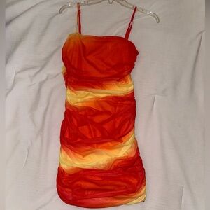 Shein Neon Orange and Yellow Ruched Mesh Mini Dress